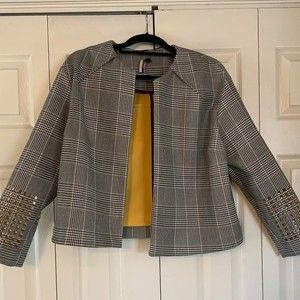Topshop Womens Glen Check Plaid Black/White Open Blazer w/ Yellow Lining Size 10